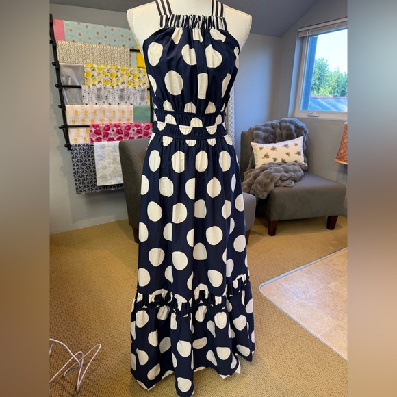 Anthropologie The Somerset Maxi Dress Poplin Tiered Cotton Navy Dot - Picture 4 of 11